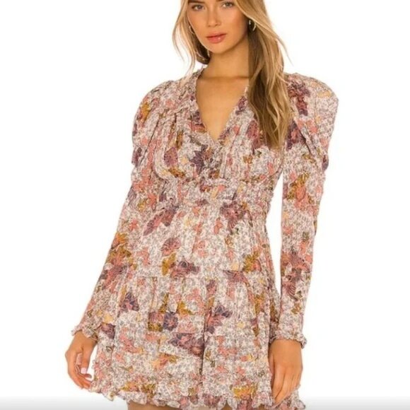 Ulla Johnson Julie Puff Sleeve Ruffle Mini Dress in Ivory Floral Size 12